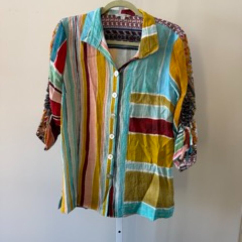 John Mark Multicolor Striped Patchwork Button Fro… - image 2